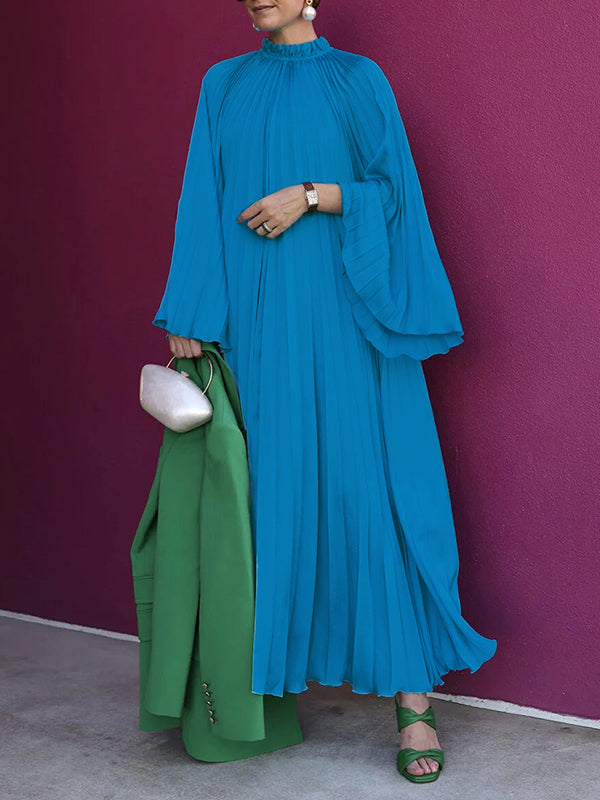 Olivia Bennet | Flared Sleeves Loose Pleated Ruffled Solid Color Split-Joint High Neck Maxi Dresses