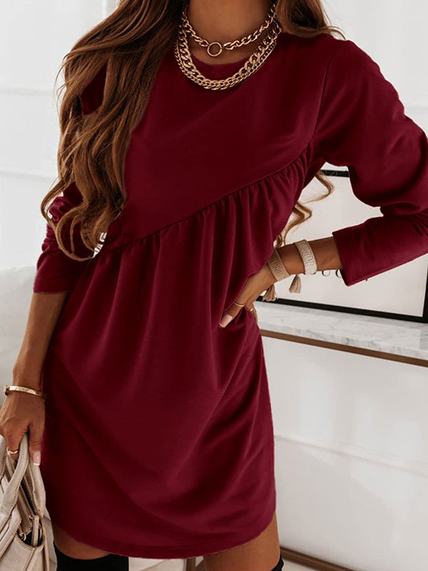 Olivia Bennet | Casual Loose Long Sleeves Solid Color Round-Neck Mini Dresses