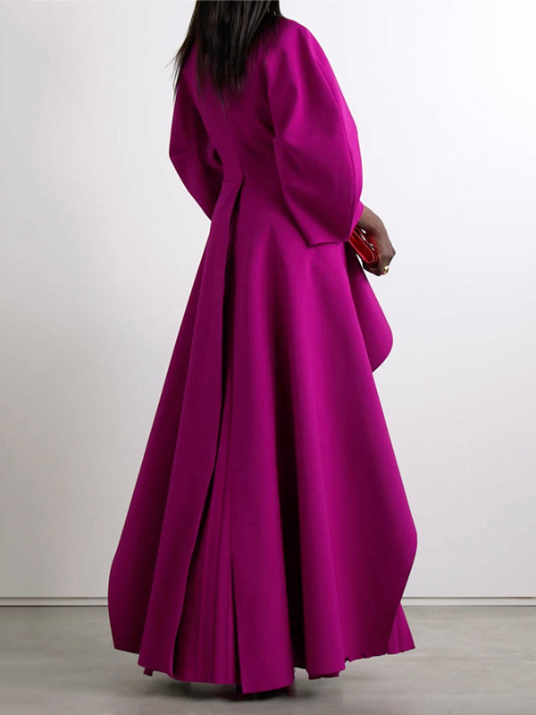Olivia Bennet | Long Sleeves Loose Pleated Solid Color Split-Joint Tiered Round-Neck Maxi Dresses
