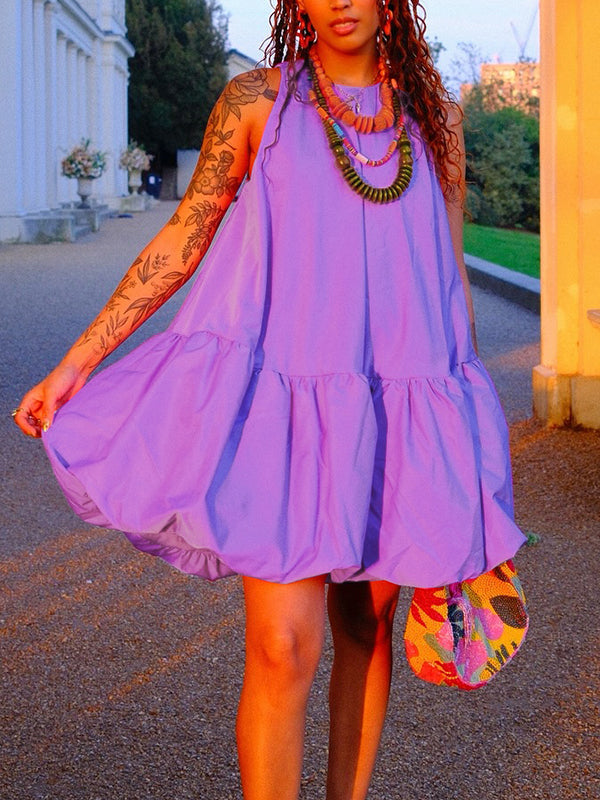 Olivia Bennet | High Waisted Loose Pleated Solid Color Round-Neck Mini Dresses