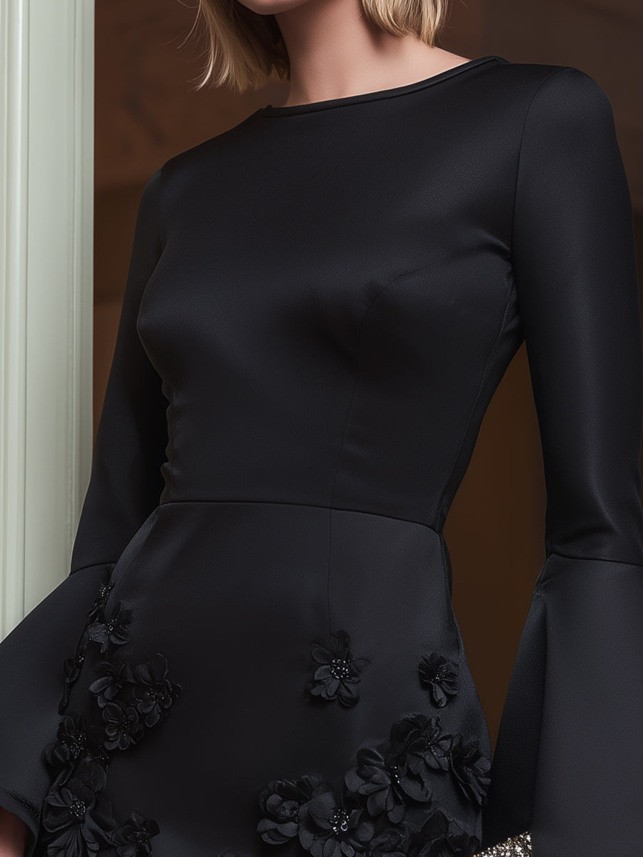 Olivia Bennet | Black Bell-Sleeve Floral Appliqué Mini Dress
