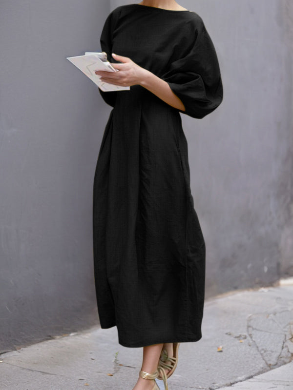 Olivia Bennet | Half Sleeves Loose Solid Color Round-neck Maxi Dresses