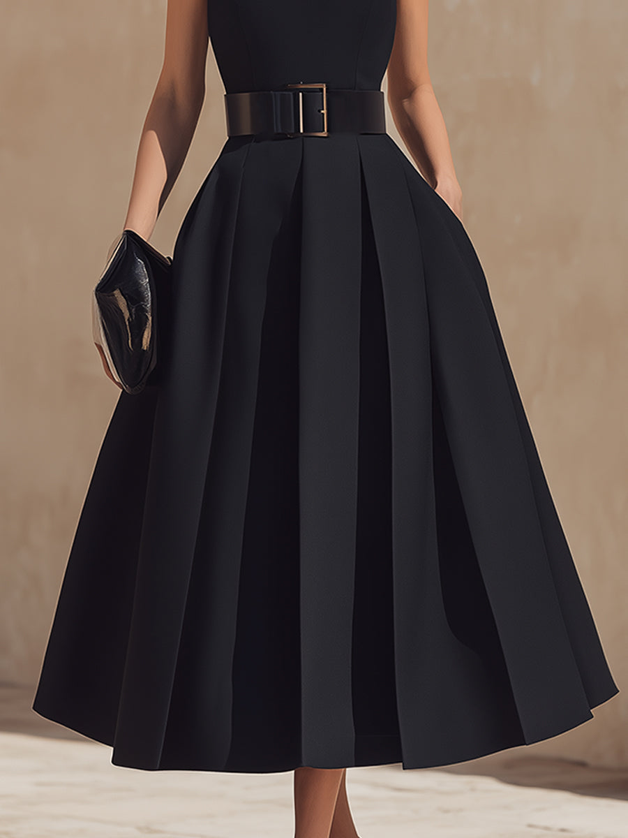 Olivia Bennet | Belted High-Neck Pleated Maxi Dress