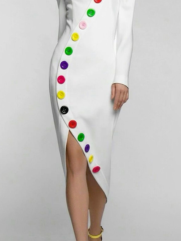 Olivia Bennet | Long Sleeves Buttoned Contrast Color High Neck Midi Dresses