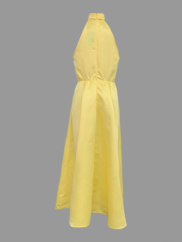 Olivia Bennet | A-Line Loose Belted Pleated Pockets Solid Color V-Neck Midi Dresses