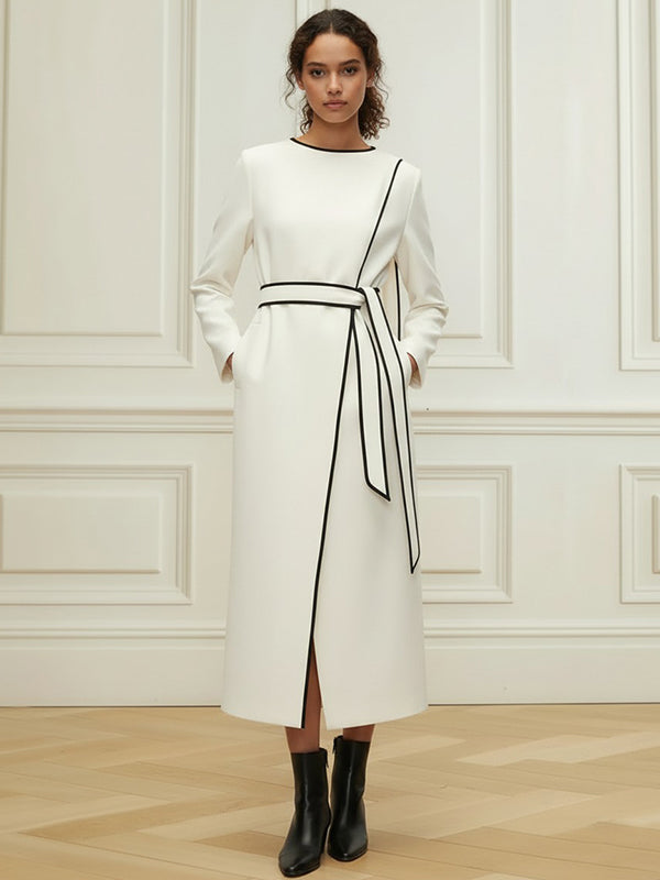 Olivia Bennet | Long Sleeves Minimalist Belted Comfort Contrast Color Round-Neck Midi Dresses