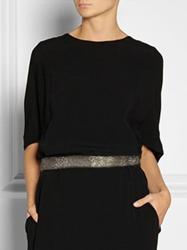 Olivia Bennet | Half Sleeves Loose Rhine Stones Split-Joint Round-Neck Maxi Dresses