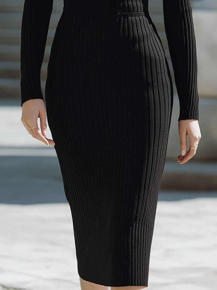 Olivia Bennet | Black Ribbed Contrast Lapel Knit Dress