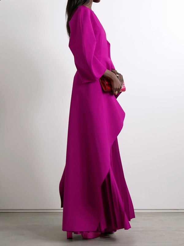 Olivia Bennet | Long Sleeves Loose Pleated Solid Color Split-Joint Tiered Round-Neck Maxi Dresses