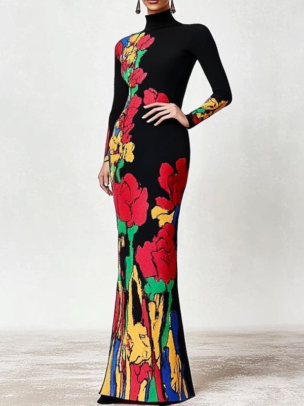 Olivia Bennet | Skinny Flower Print Multi-Colored High Neck Maxi Dresses