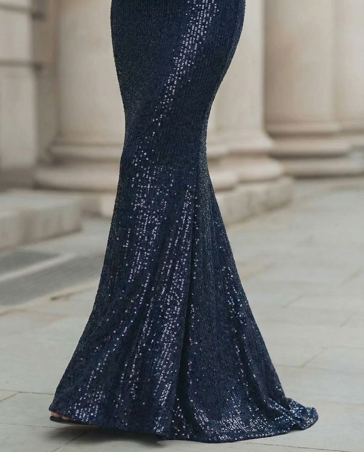 Olivia Bennet | Midnight Draped Mermaid Shimmer Satin Maxi Dress