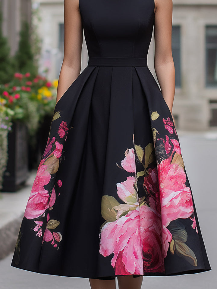 Olivia Bennet | Elegant Sleeveless Midi Dress With Floral Printed Skirt