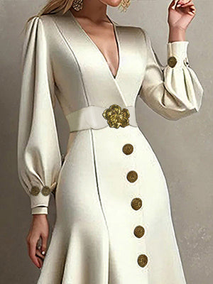 Olivia Bennet | Loose Puff Sleeves Pleated Split-Joint Tied Waist V-Neck Midi Dresses