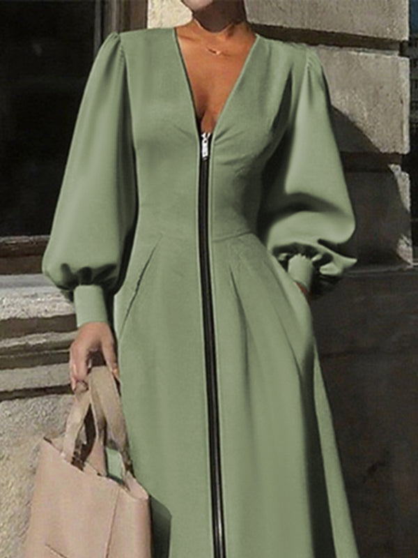 Olivia Bennet | A-Line Long Sleeves Pleated Pockets Solid Color Zipper V-Neck Midi Dresses
