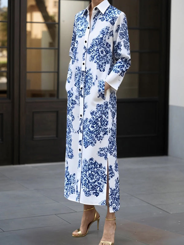 Olivia Bennet | Long Sleeves Buttoned Printed Split-side Lapel Maxi Dresses Shirt Dress