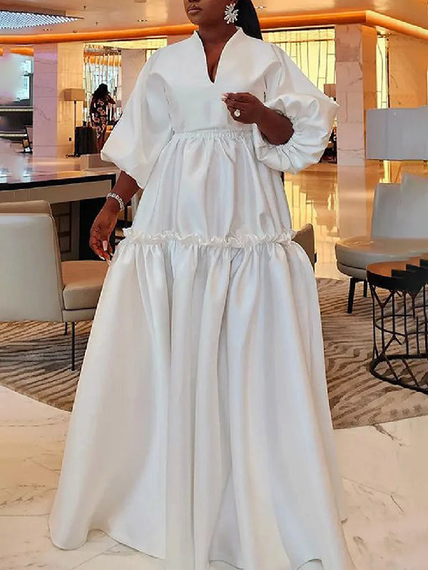 Olivia Bennet | High Waisted Puff Sleeves Falbala Solid Color V-Neck Maxi Dresses