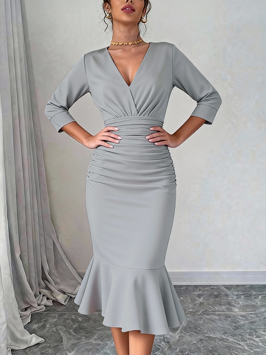 Olivia Bennet | Bodycon Elasticated Waist Interlace Solid Color Split-Joint Split-Side Deep V-Neck Midi Dresses