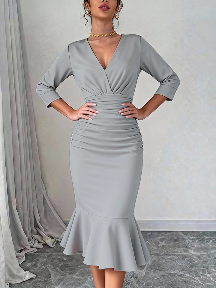 Olivia Bennet | Bodycon Elasticated Waist Interlace Solid Color Split-Joint Split-Side Deep V-Neck Midi Dresses