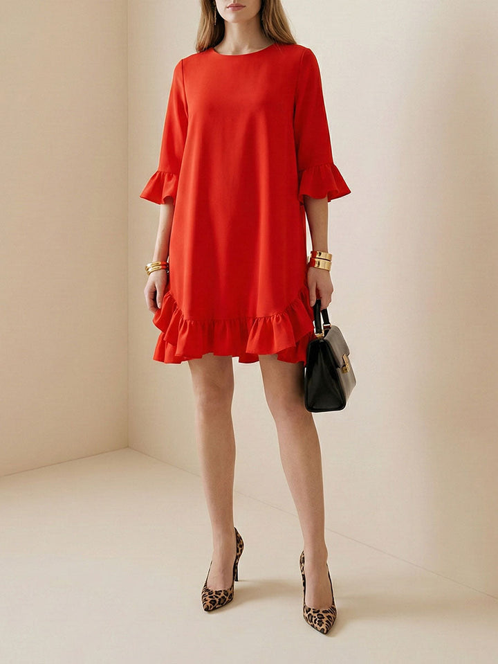 Olivia Bennet | Half Sleeves Loose Falbala Solid Color Round-Neck Midi Dresses Short Dresses