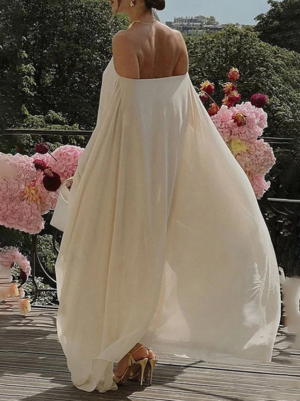 Olivia Bennet | Long Sleeves Loose Solid Color Halter-Neck Maxi Dresses