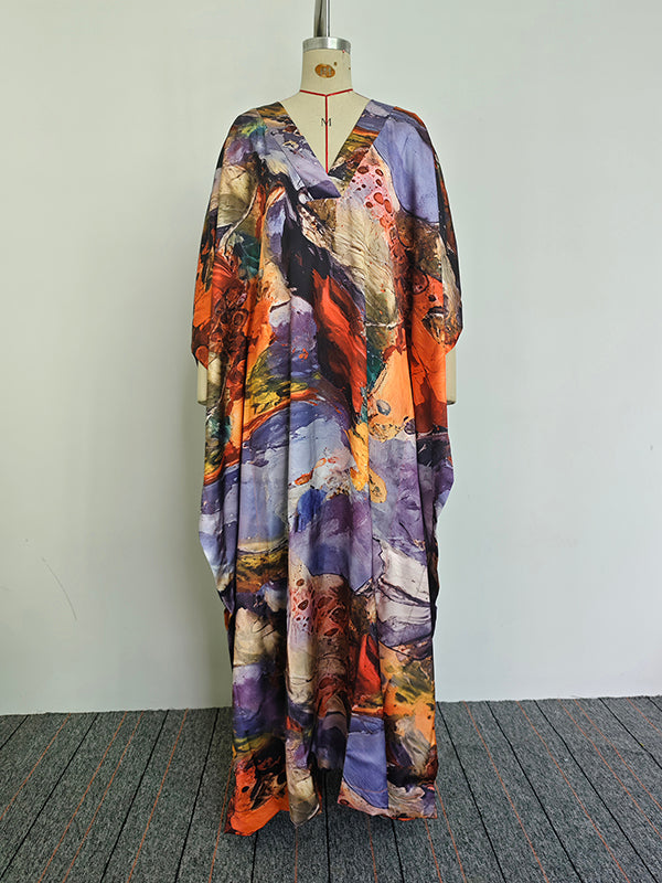 Olivia Bennet | Batwing Sleeves Loose Gauze Printed Split-Joint V-Neck Maxi Dresses