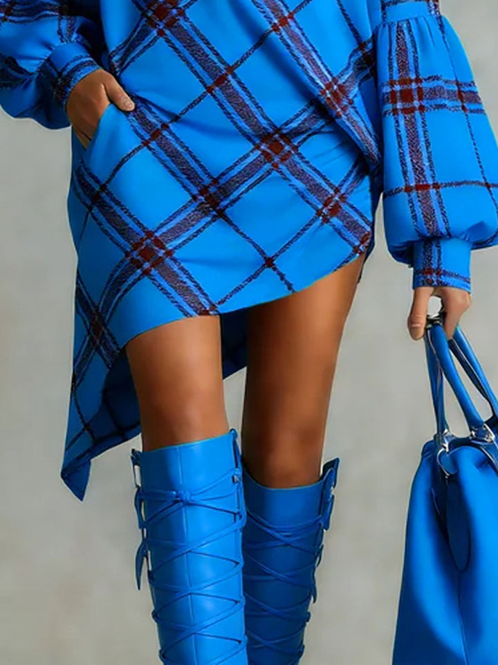 Olivia Bennet | Long Sleeves Puff Sleeves Asymmetric Contrast Color Plaid Pleated One-Shoulder Mini Dresses