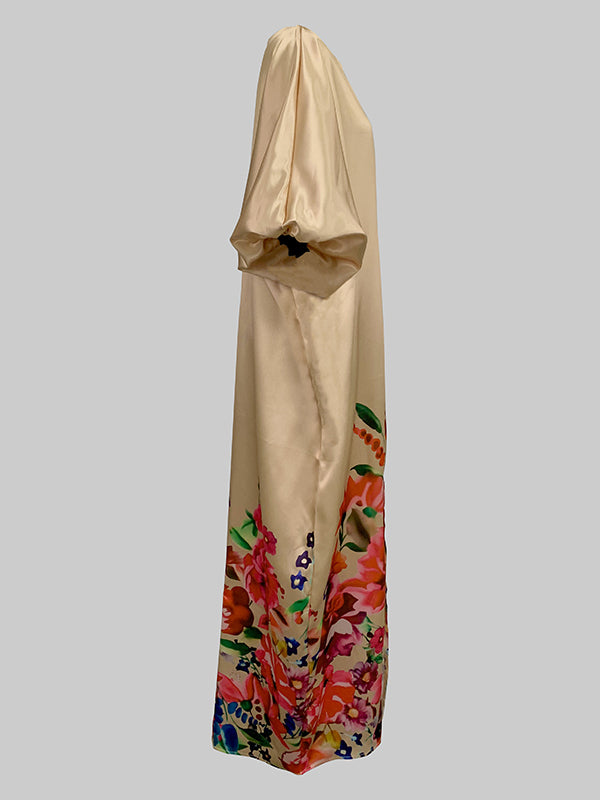 Olivia Bennet | A-Line Half Sleeves Elasticity Flower Print Split-Front V-Neck Maxi Dresses