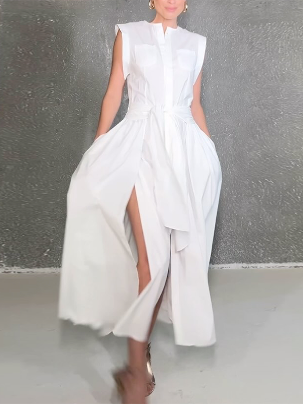 Olivia Bennet | Cap Sleeve Loose Buttoned Solid Color Split-Side Tied Waist Maxi Dresses Shirt Dress
