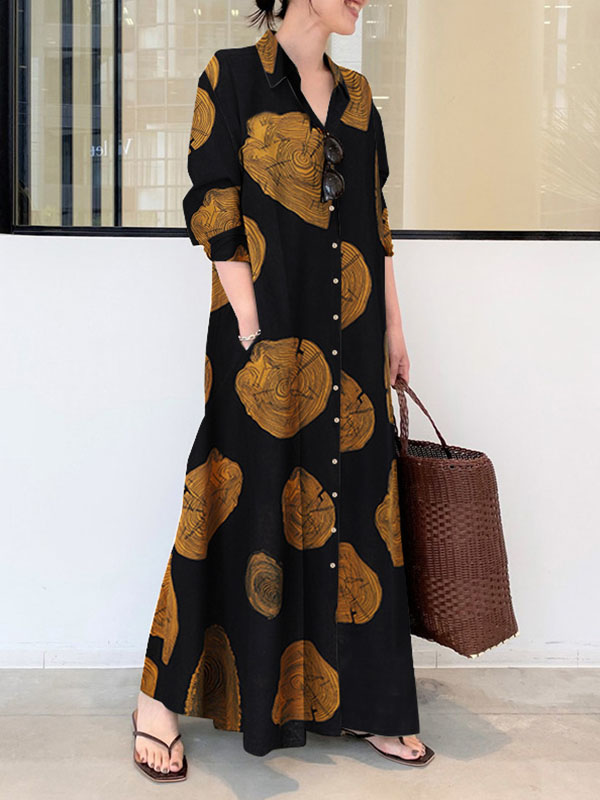 Olivia Bennet | Long Sleeves Loose Printed Split-Joint Lapel Maxi Dresses Shirt Dress