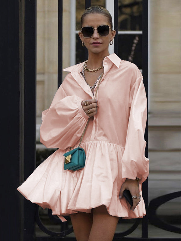 Olivia Bennet | Puff Sleeves Buttoned Solid Color Split-Joint Lapel Mini Dresses Shirt Dress