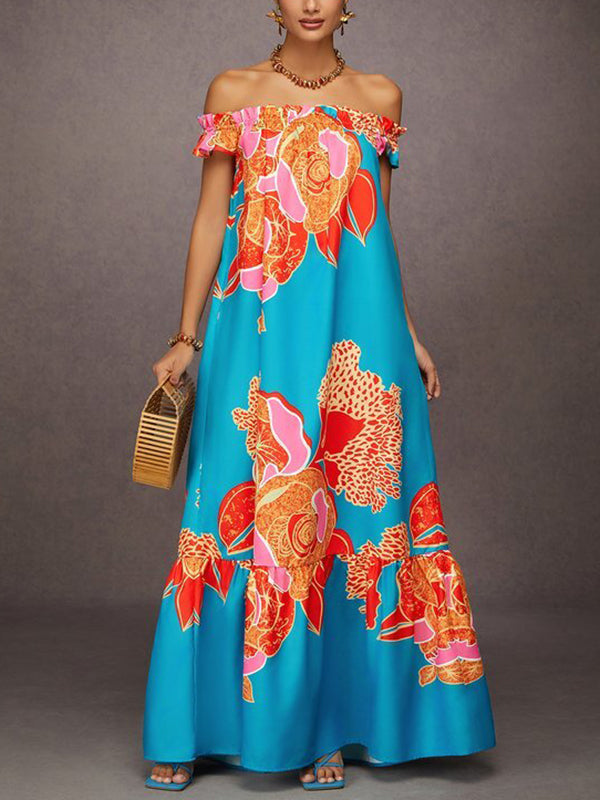 Olivia Bennet | A-Line Loose Elasticity Flower Print Pleated Split-Joint Off-The-Shoulder Maxi Dresses