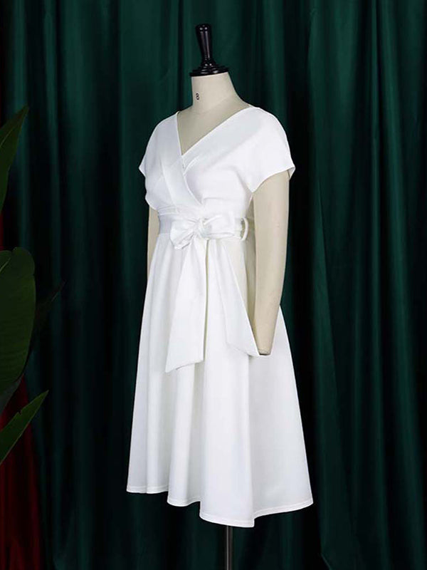 Olivia Bennet | Bowknot Lace-Up Solid Color V-Neck Midi Dresses