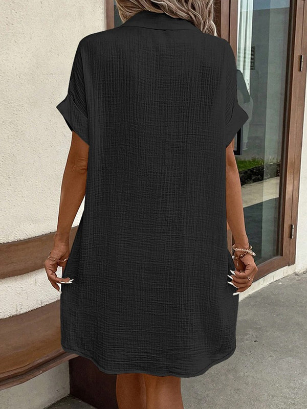 Olivia Bennet | Loose Short Sleeves Buttoned Pockets Lapel Mini Dresses