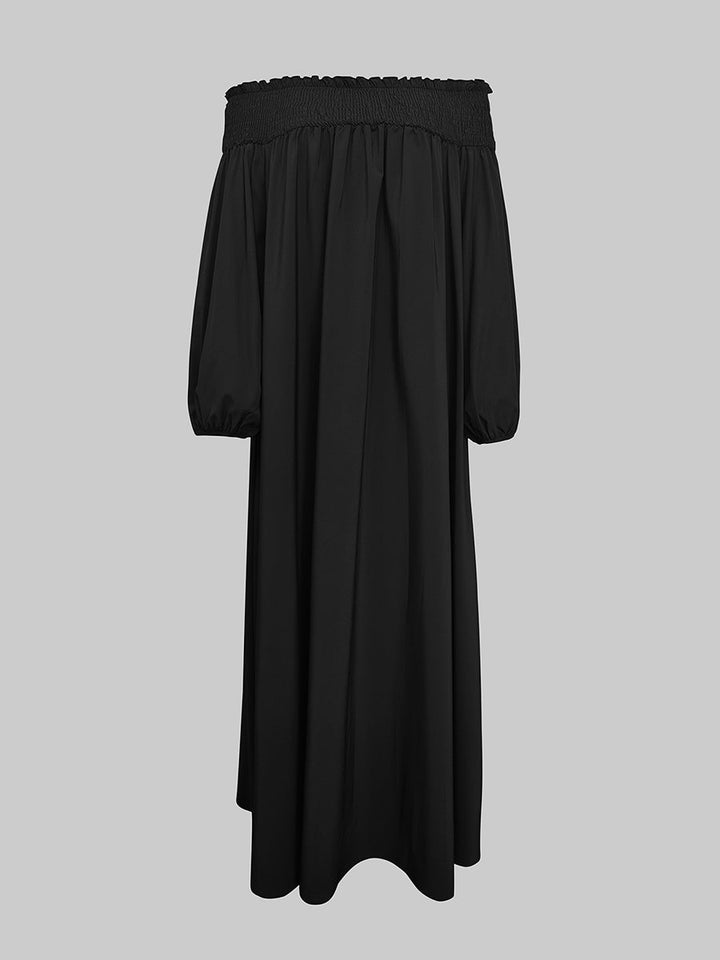 Olivia Bennet | Loose Puff Sleeves Elasticity Pleated Solid Color Off-The-Shoulder Maxi Dresses