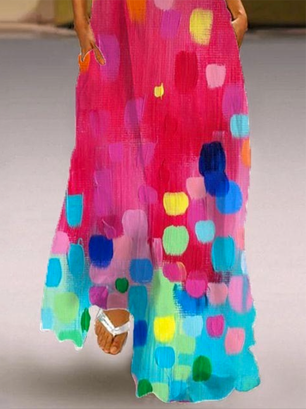 Olivia Bennet | Loose Sleeveless Contrast Color Printed V-Neck Maxi Dresses