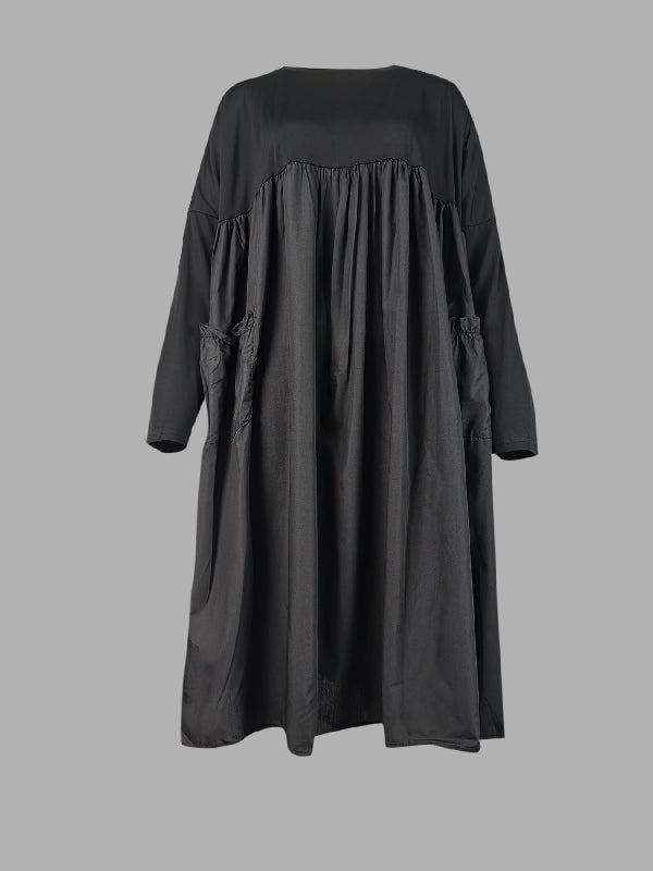 Olivia Bennet | Simple Loose Black Split-Joint Long Sleeves Midi Dress