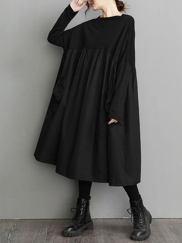 Olivia Bennet | Simple Loose Black Split-Joint Long Sleeves Midi Dress