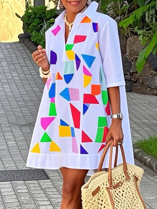 Olivia Bennet | A-Line Half Sleeves Contrast Color Stand Collar Mini Dresses