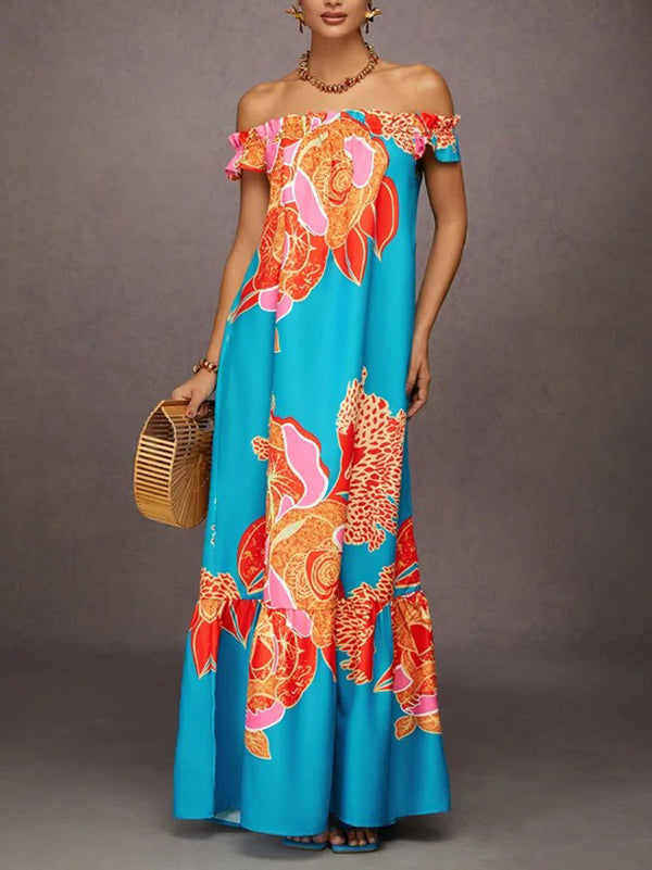 Olivia Bennet | A-Line Loose Elasticity Flower Print Pleated Split-Joint Off-The-Shoulder Maxi Dresses