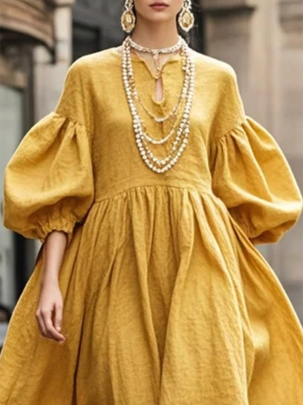 Olivia Bennet | Loose Puff Sleeves Solid Color Round-neck Maxi Dresses