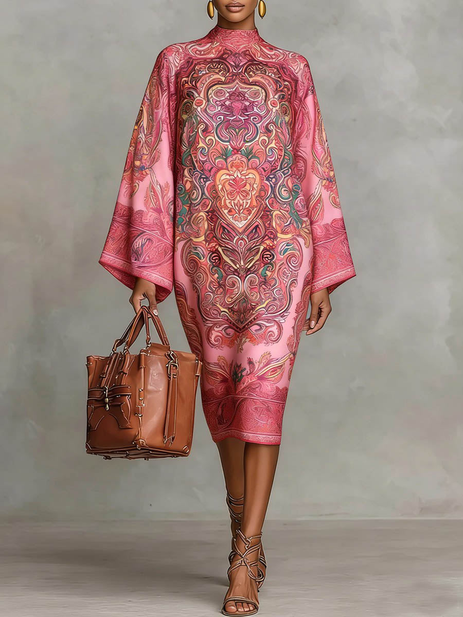 Olivia Bennet | Long Sleeves Loose Contrast Color Printed Mock Neck Midi Dresses