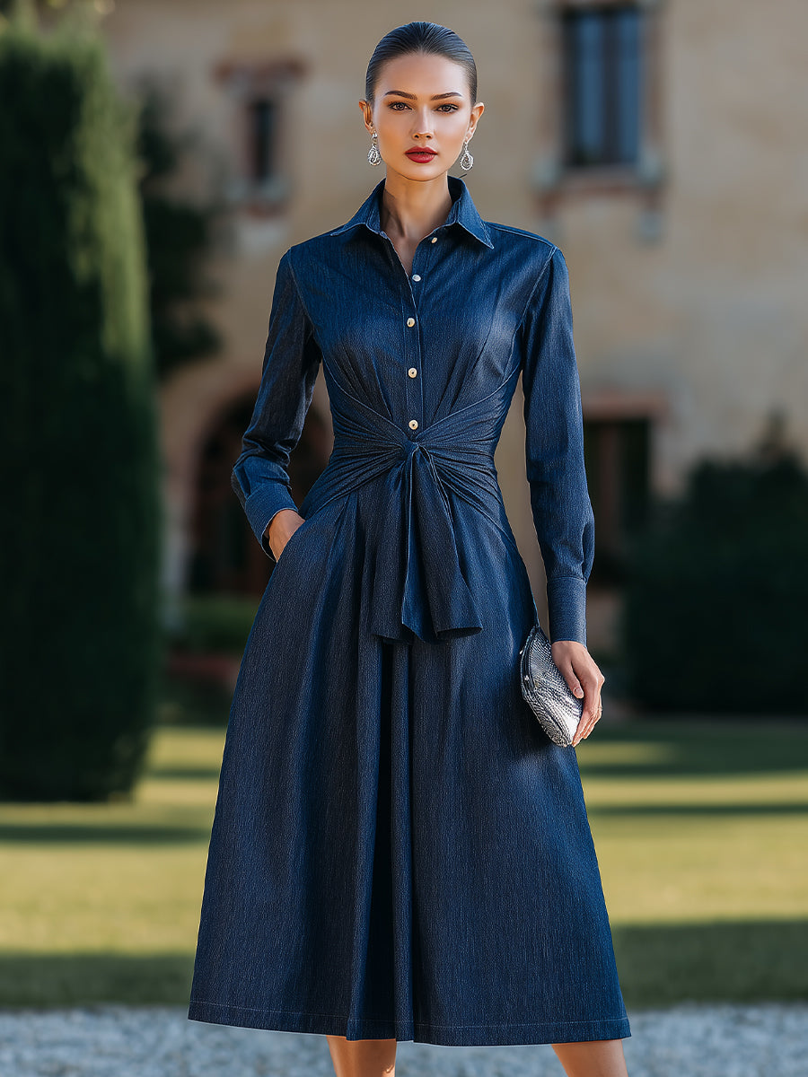 Olivia Bennet | Ivory Tailored Cinched-Waist Cotton Shirt Dress