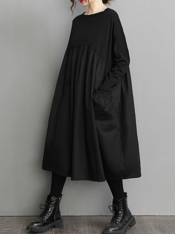 Olivia Bennet | Simple Loose Black Split-Joint Long Sleeves Midi Dress