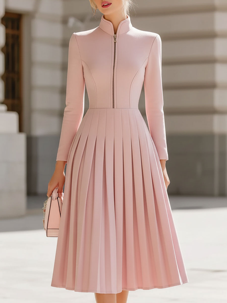 Olivia Bennet | Elegant Blush Pink Pleated Midi Dress With Stand Collar
