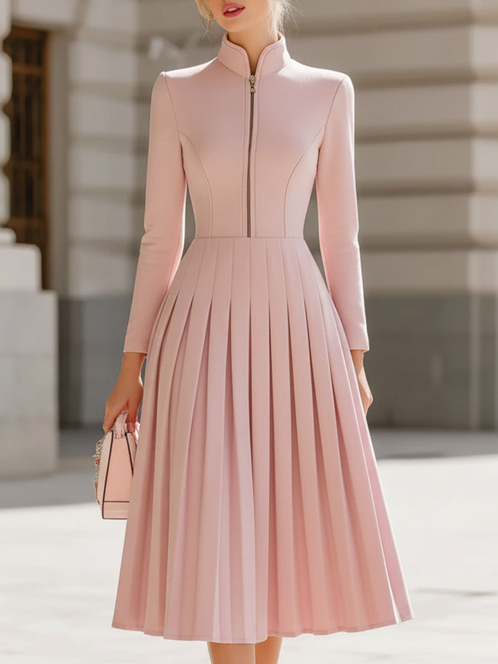 Olivia Bennet | Elegant Blush Pink Pleated Midi Dress With Stand Collar