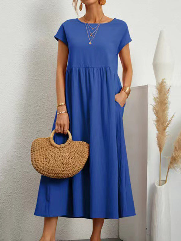 Olivia Bennet | Loose Short Sleeves Pleated Solid Color Round-Neck Midi Dresses