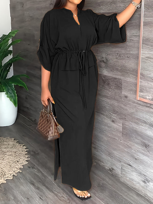 Olivia Bennet | Loose Drawstring Solid Color Split-Side V-Neck Maxi Dresses