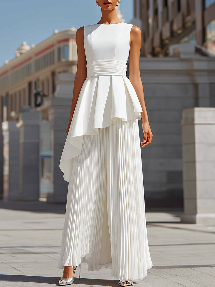 Olivia Bennet | White Sculpted Asymmetric Pleated Maxi Gown