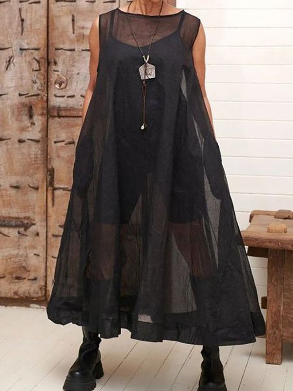 Olivia Bennet | A-Line Loose Pockets See-Through Solid Color Round-Neck Cover-Up Midi Dresses