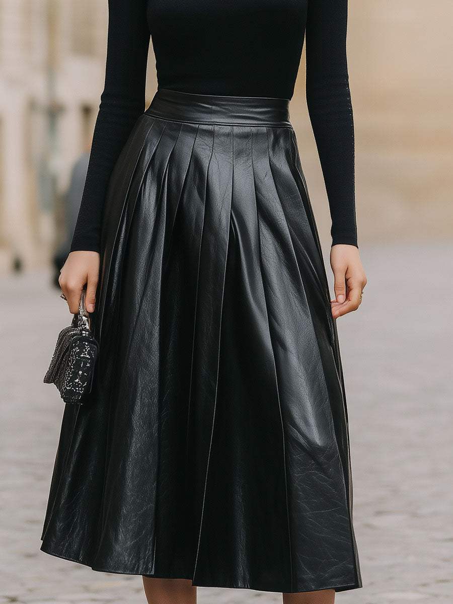 Olivia Bennet | Black Ribbed Turtleneck & High-Waist Pleated Leather Skirt Set